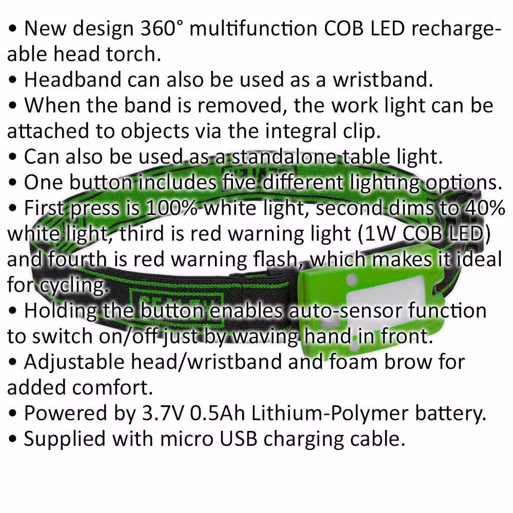 Loops Green Rechargeable Head Torch with 2W COB LED and Automatic Sensor – 2