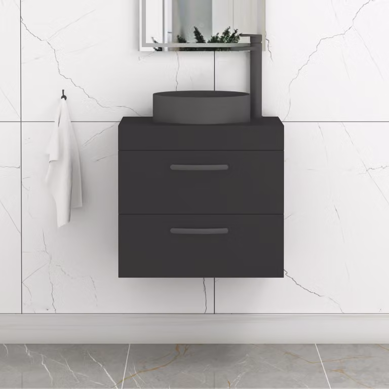 Royal Bathrooms Turin 600mm Wall Hung Vanity Unit with 2 Drawers and Art Round Countertop Basin in Matt Black