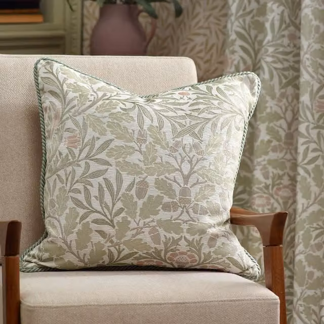 Morris&Co. Acorn Feather Rich Filled Square Jacquard Cushion in Green and Beige, W/D/H: 55 x 55 x 55 cm