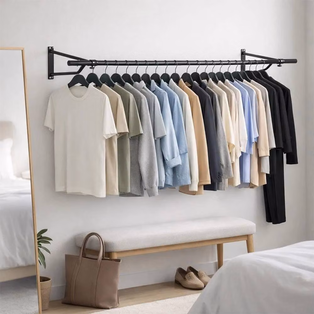 EONLION Black Matt Metal Wall Mounted Continuous Linear Clothes Rail, Width: 182.88 cm – 2
