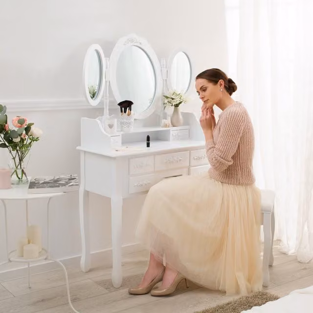 tectake Classic White Lacquered Dressing Table with 7 Drawers and Tri-fold Mirror