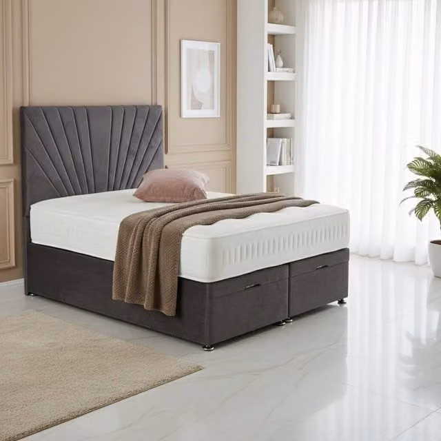 BSSPOKE Maria King Size Ottoman Divan Bed with 54 inch Headboard and Mattress in Grey Plush Velvet, W/D/H: 180 x 200 cm