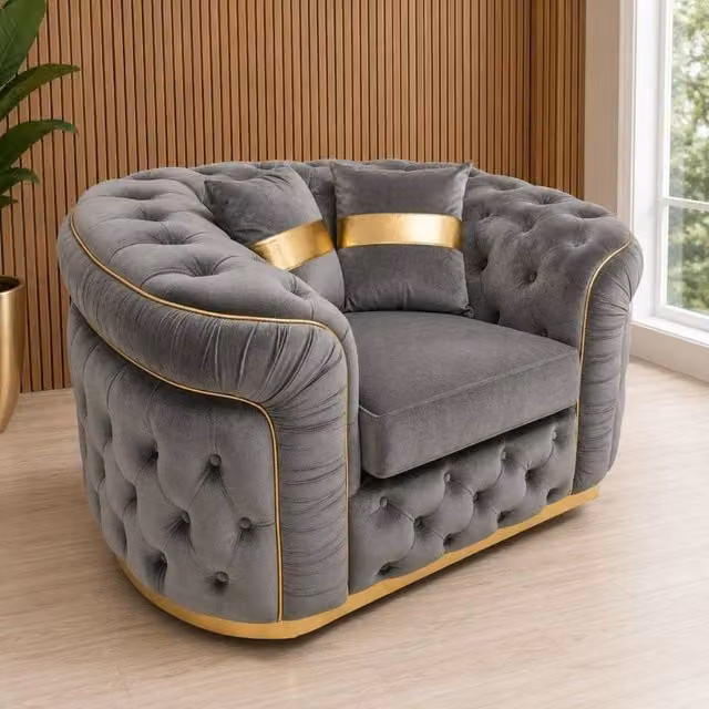 Stratus Interiors Ambassador Chesterfield Sofa in Grey Plush Velvet with Gold Trim – 1