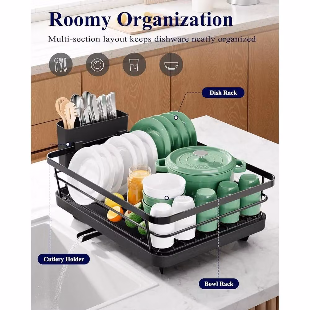 VOGREX Stainless Steel Dish Drainer Rack with Spout Holder, Black – 3