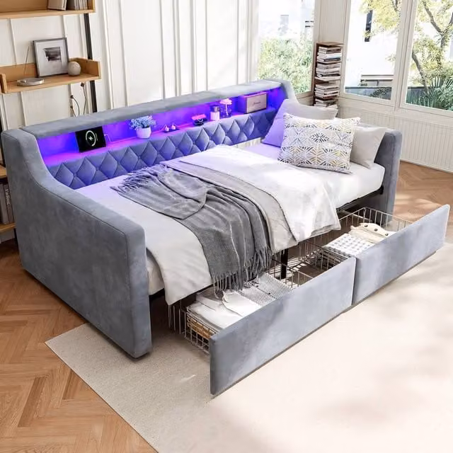 ModernLuxe Upholstered Single Daybed in Grey with LED Under-Bed Lighting, USB Charging Port and 2 Drawers, W/D/H: 90 x 190 x 39.5 cm – 1