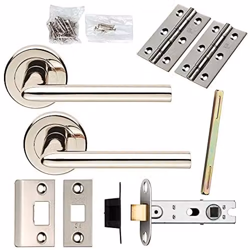 Loops Door Handle and Latch Pack in Polished Nickel with Straight Slim Lever and Screwless Rose