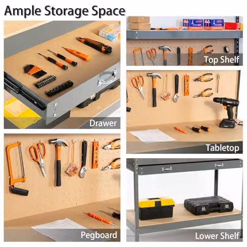 SwitZer Steel Garage Workbench with Drawers, Pegboard and Shelf, Grey – 3