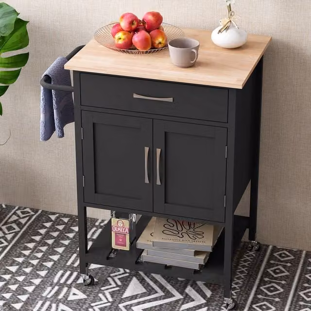Costway Rolling Kitchen Island Mobile Serving Cart with Drawer and 2 Door Storage Cabinet in Black