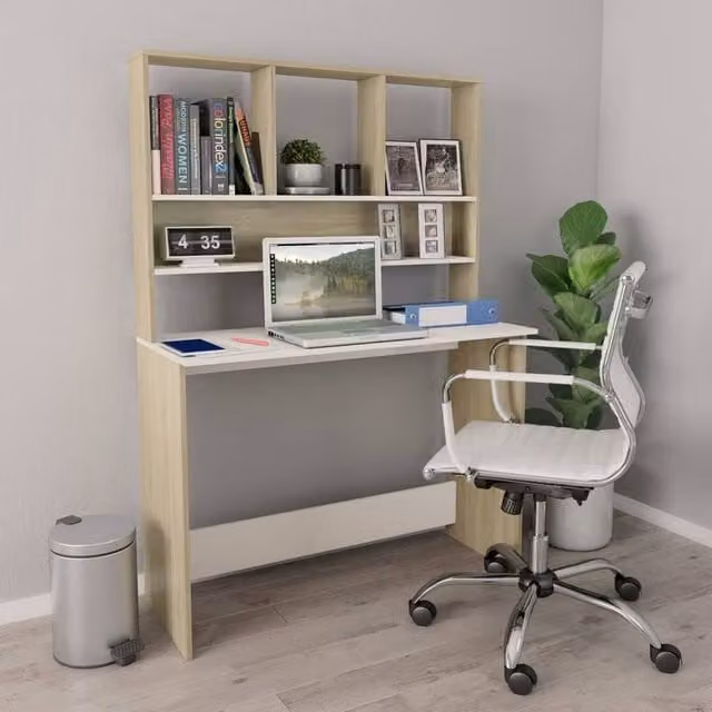 Berkfield Home Modern Writing Desk with Shelf in White and Sonoma Oak, W/D/H: 110 x 45 x 157 cm – 1