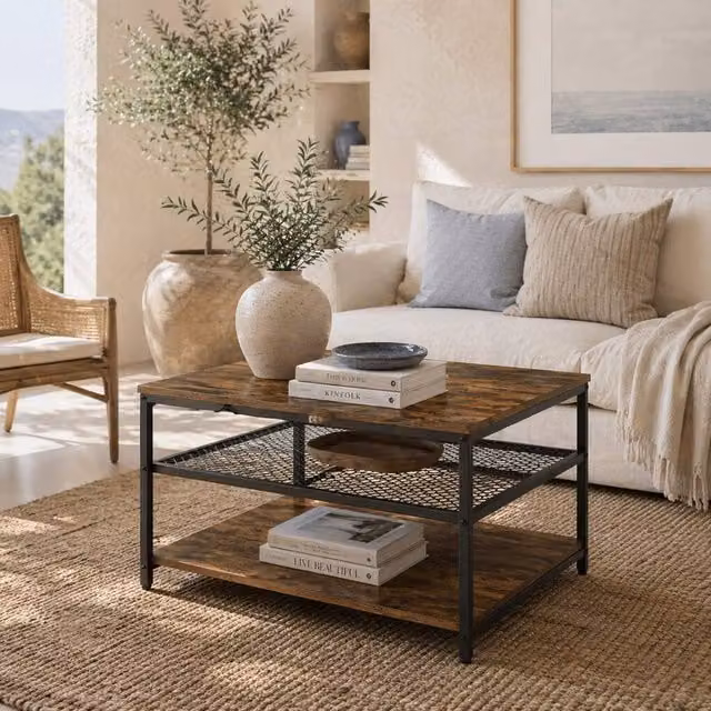 Wyld Haus Nafata Square Coffee Table with 3 Tier Storage in Rustic Brown