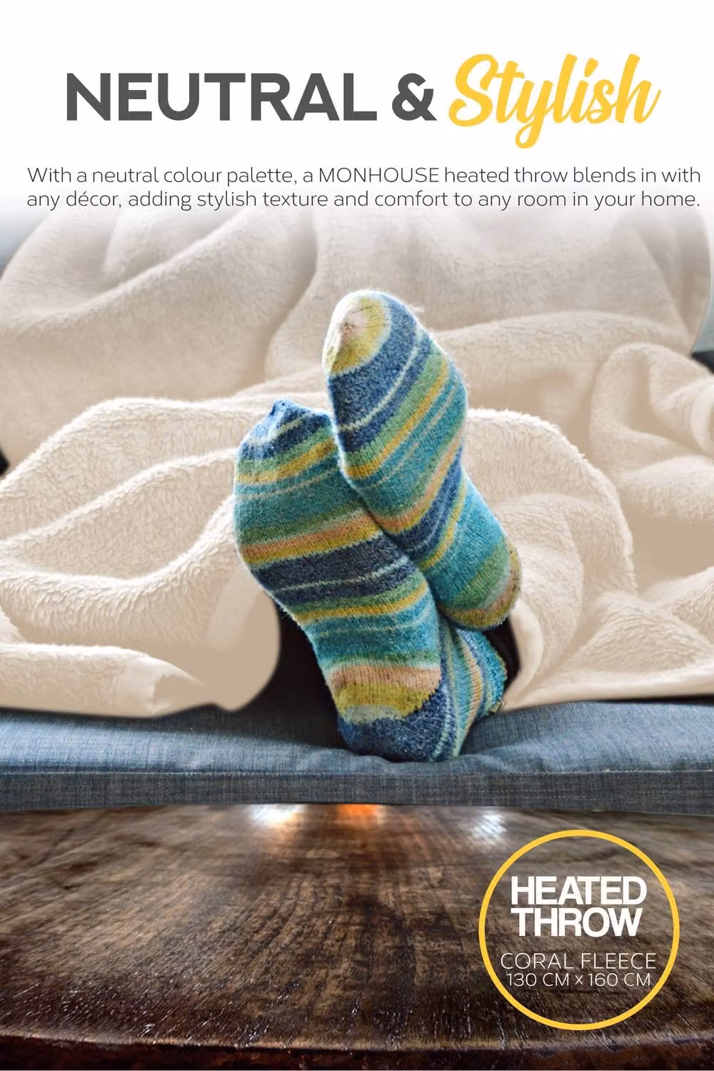 MONHOUSE Heated Electric Single Fleece Throw Blanket in Beige with 9 Heat Settings and 9H Timer – 4