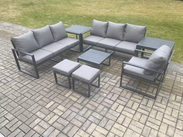 Fimous 9 Seater Aluminium Outdoor Garden Furniture Lounge Set in Dark Grey with Coffee Table, Chairs, 2 Small Footstools and 2 Side Tables