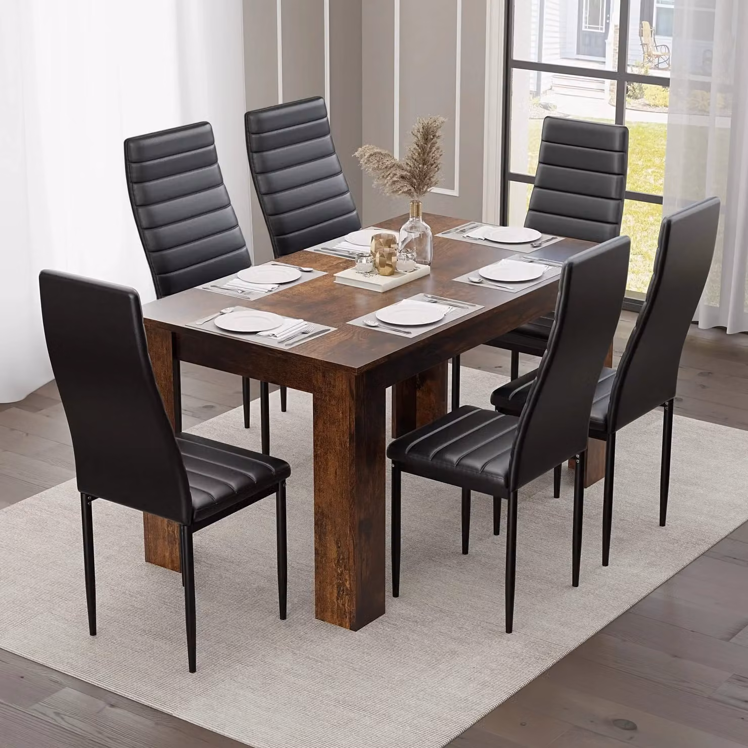 DHS Rustic Black 6 Seater Rectangular Dining Table and Chairs Set