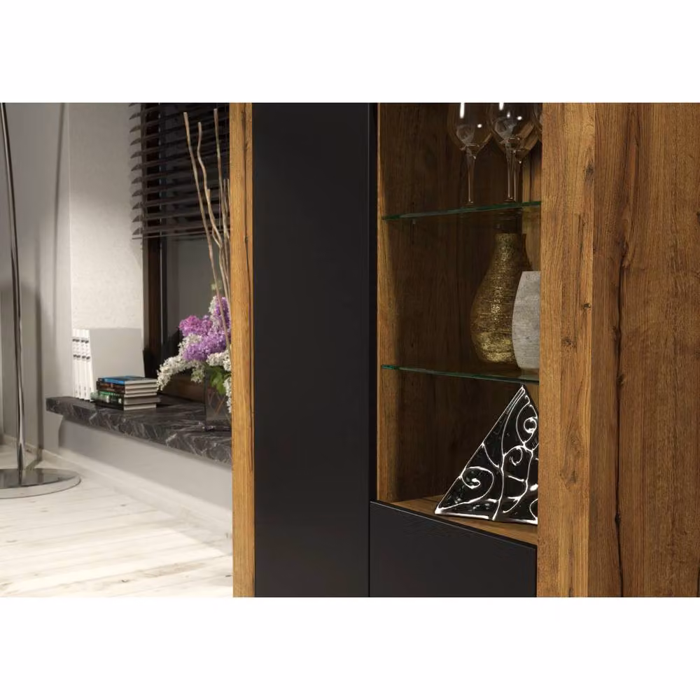 Mex Furniture LTD Arcadia Display Cabinet in Dark Oak with Matt Black Doors and Glass Shelves, Width: 140 cm – 3
