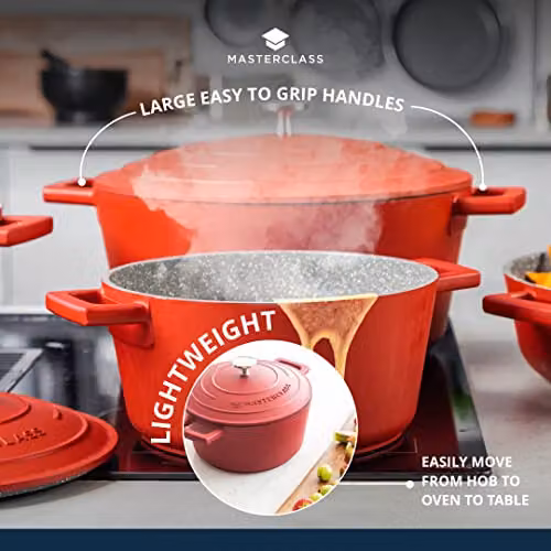 MasterClass Red Cast Aluminium Casserole Dish with Lid, 4L, 24 cm – 6