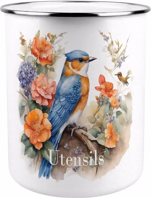 Purely Home Ceramic Bird Kitchen Utensil Holder in Blue and Orange Multicolour