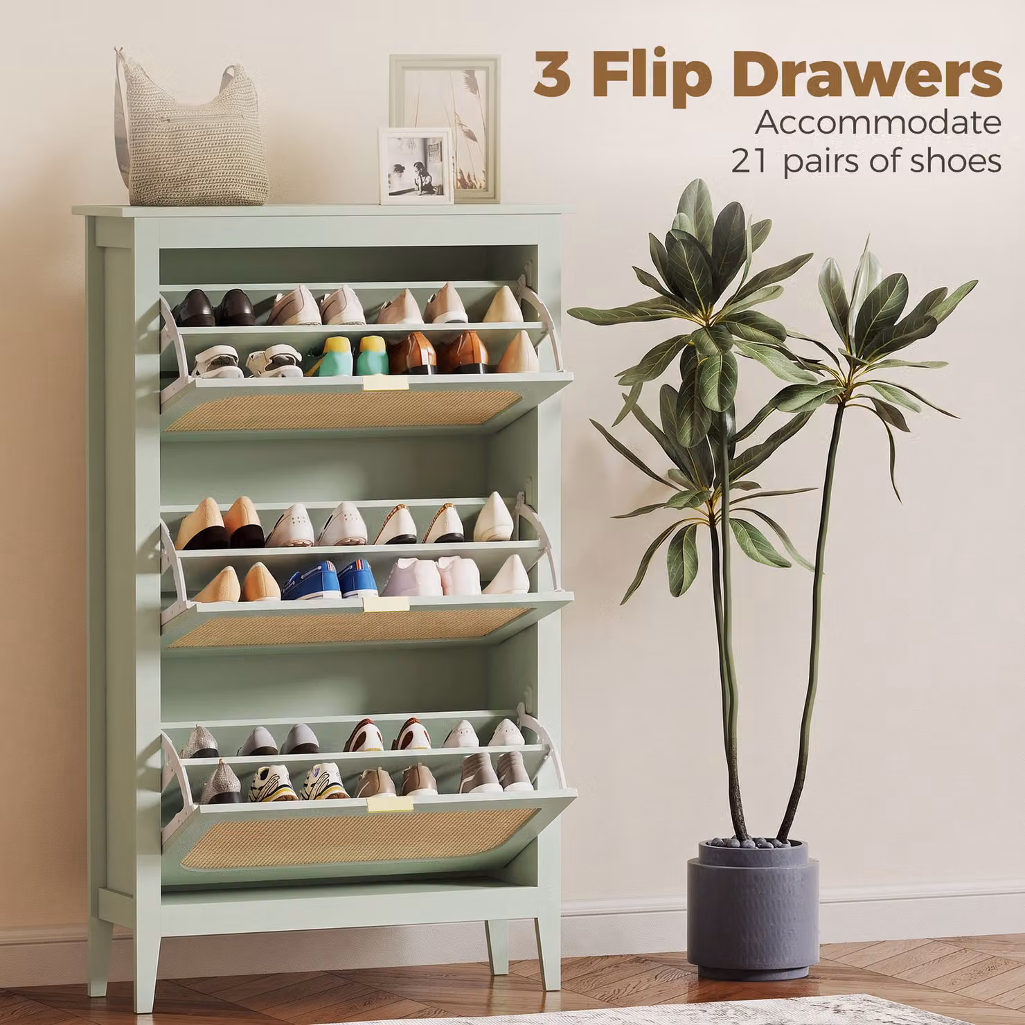 HOMCOM Boho Slim Shoe Storage Cabinet in Light Green with 3 Tilting Compartments, Holds 21 Pairs – 3