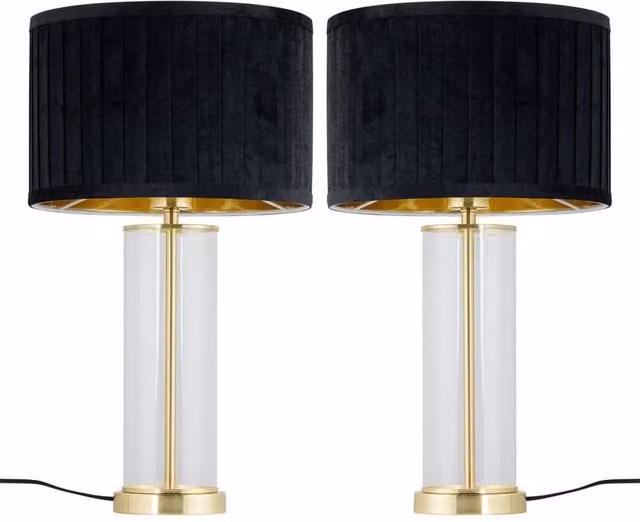 First Choice Lighting Aura Set of 2 Table Lamps in Satin Brass and Black with Velvet Shades