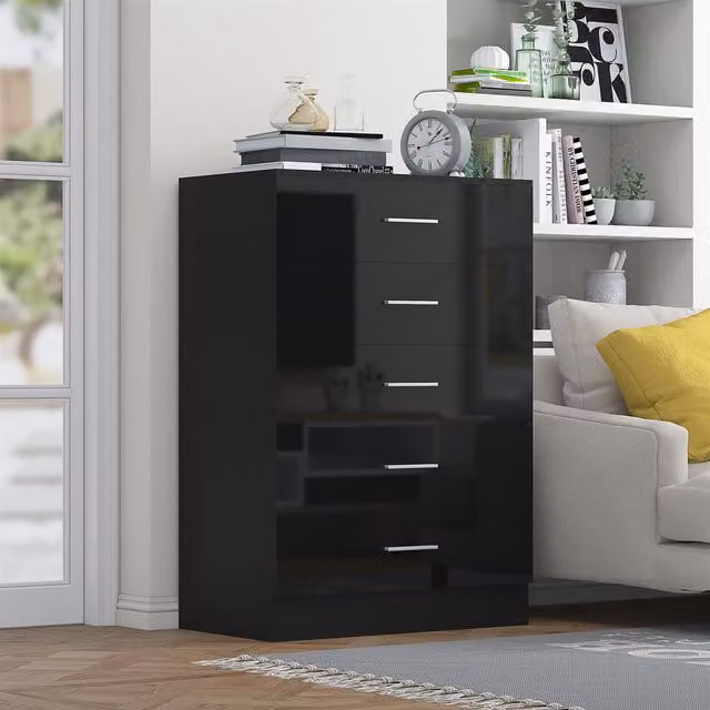 Reflect 5 Drawer Tallboy Chest in Black Gloss and Black Oak, H 100 cm x W 70 cm x D 40 cm