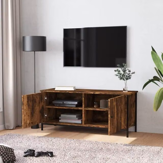 Berkfield Home TV Cabinet with Doors in Smoked Oak Brown, W/D/H: 102 x 35 x 45 cm