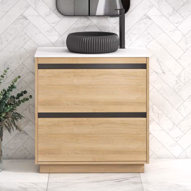 Royal Bathrooms Orion 800mm Natural Oak Floor Standing 2 Drawer Vanity Unit with Milan Black Basin and Black Accent Trim
