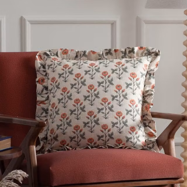 Paoletti Seventy Three Renee Floral Printed Linen Ruffle Filled Cushion, Multicolour and Beige, W x D: 50 x 50 cm