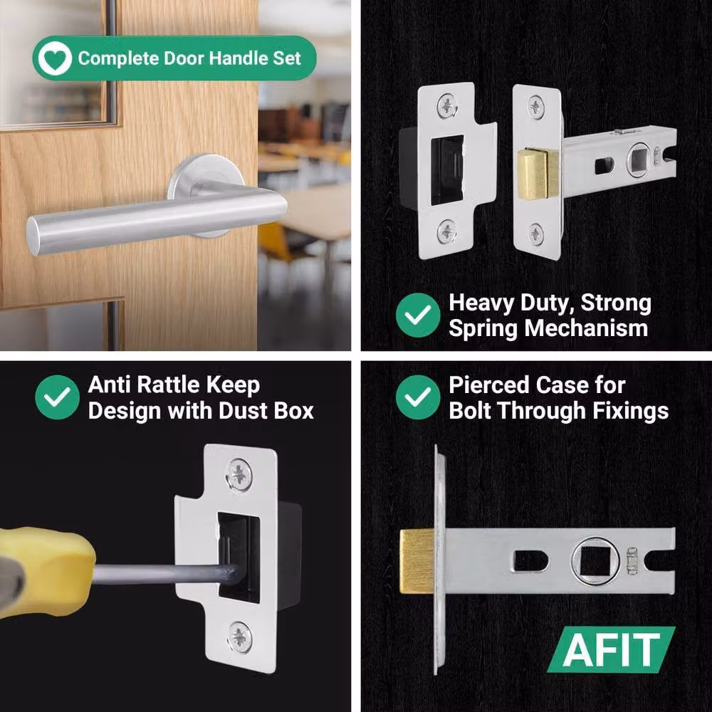 AFIT Silver Satin Lever on Round Rose Door Handles and Latch 64mm Kit, Stainless Steel, W/D/H: 150 x 150 x 150 mm – 3