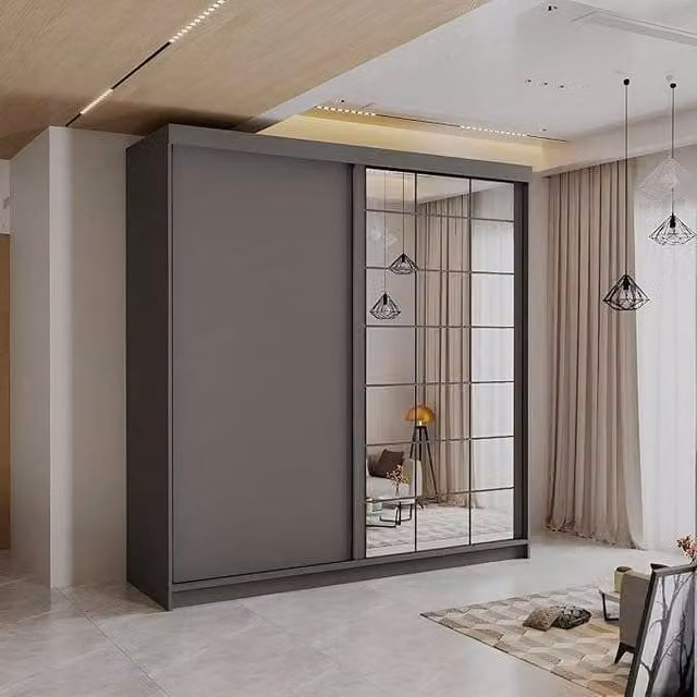 Sliding Wardrobes 4U Modern Grey Sliding Wardrobe with Integrated LED Lighting W: 200 cm, H: 217 cm, D: 62 cm