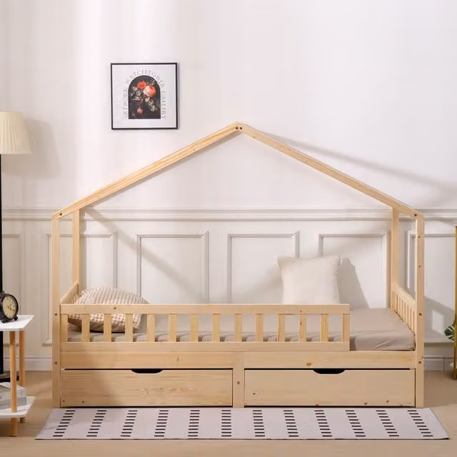 HMD Furniture Solid Wood Bed Frame with 2 Drawers in Brown and Beige, W/D/H: 196 x 90 x 152 cm