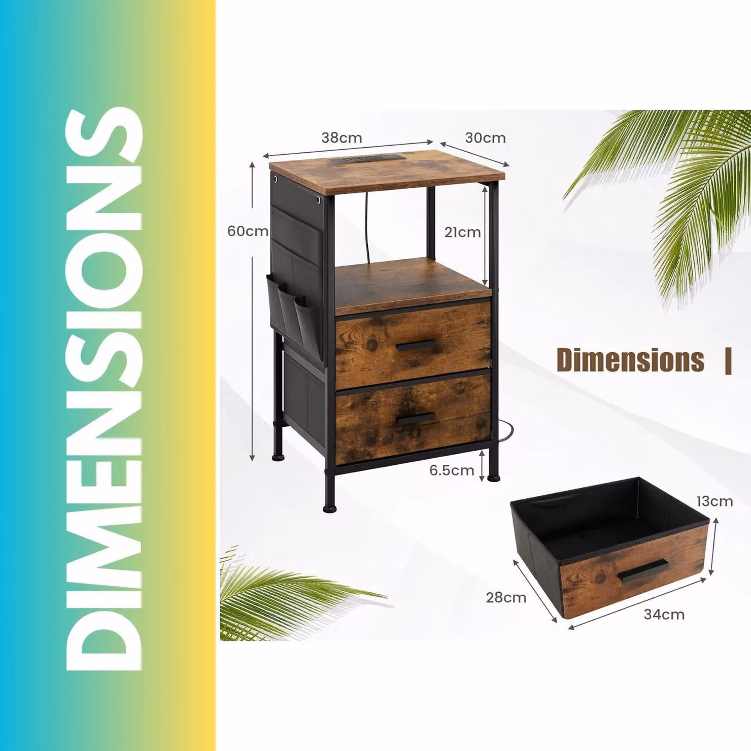 Pirlo Plush Set of 2 Industrial Bedroom Bedside Tables with Charging Station in Rustic Brown – 3