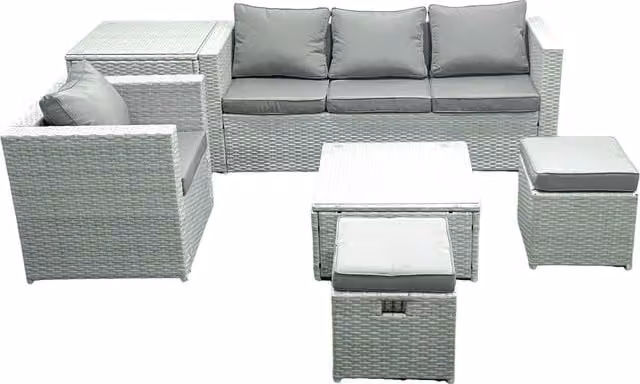 Fimous Garden 6 Seater Rattan Outdoor Furniture Set in Light Grey with Upholstered Cushions, Armchair, Ottoman and Coffee Table