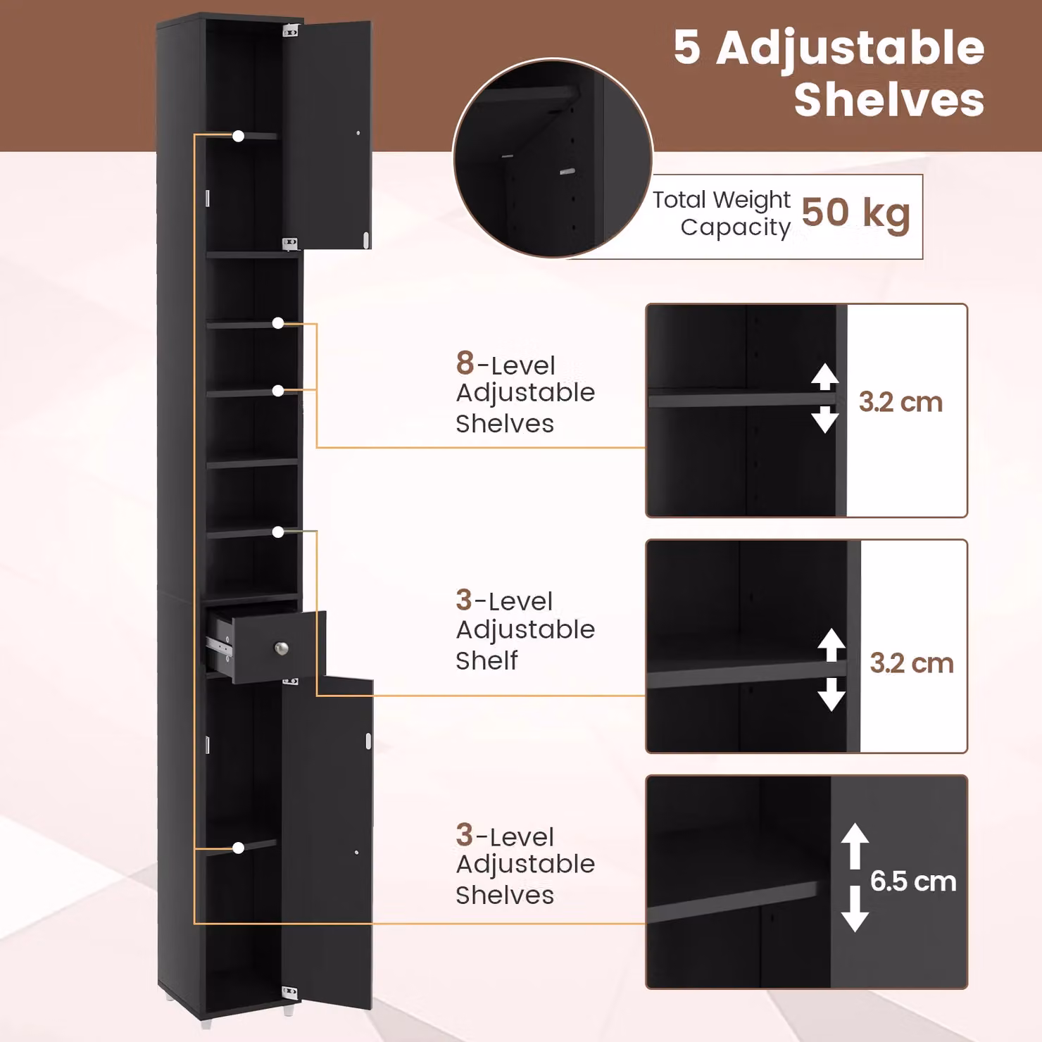 Gymax Slim Black Matt Bathroom Tall Cabinet with 2 Hinged Doors and Adjustable Internal Shelves – 9