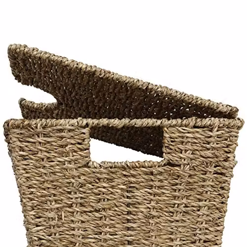 JVL Set of 3 Rectangular Lidded Seagrass Storage Baskets with Open Weave in Beige and Brown – 3
