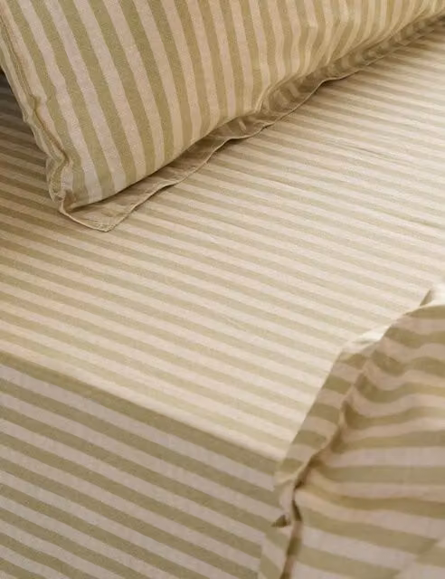 YARD Marlow Striped Pure Cotton Fitted Sheet, Green Mix, 200 x 200 cm