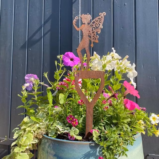 RW Norfolk Rusted Metal Fairy on a Spade Garden Ornament, Brown
