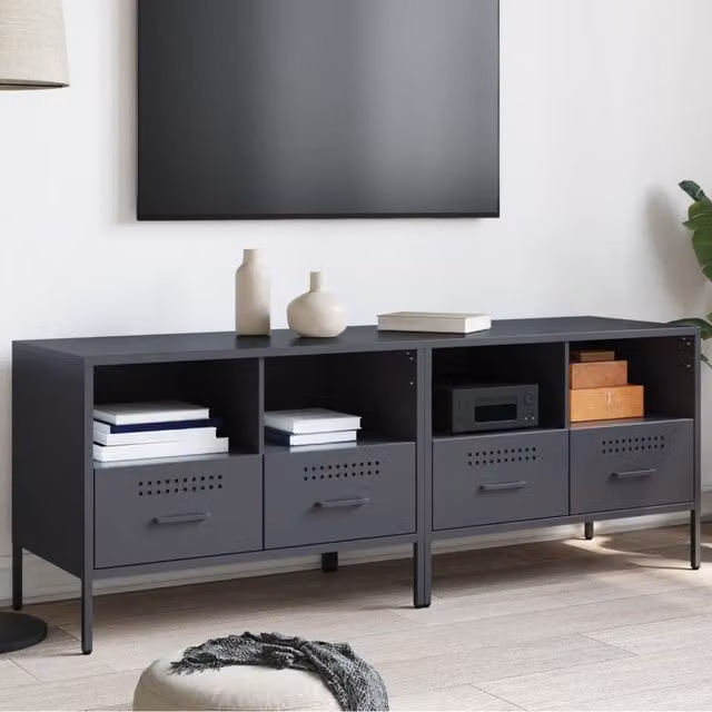 Berkfield Home Set of 2 Anthracite Metal TV Cabinets, W: 68 cm, D: 39 cm, H: 50.5 cm
