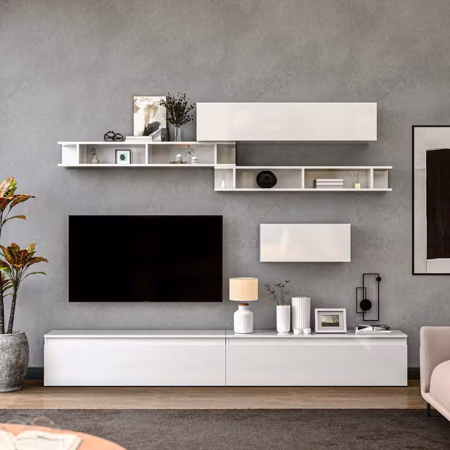 Decorotika Madrid Wall Mounted Modern Entertainment Center in High Gloss White and Black