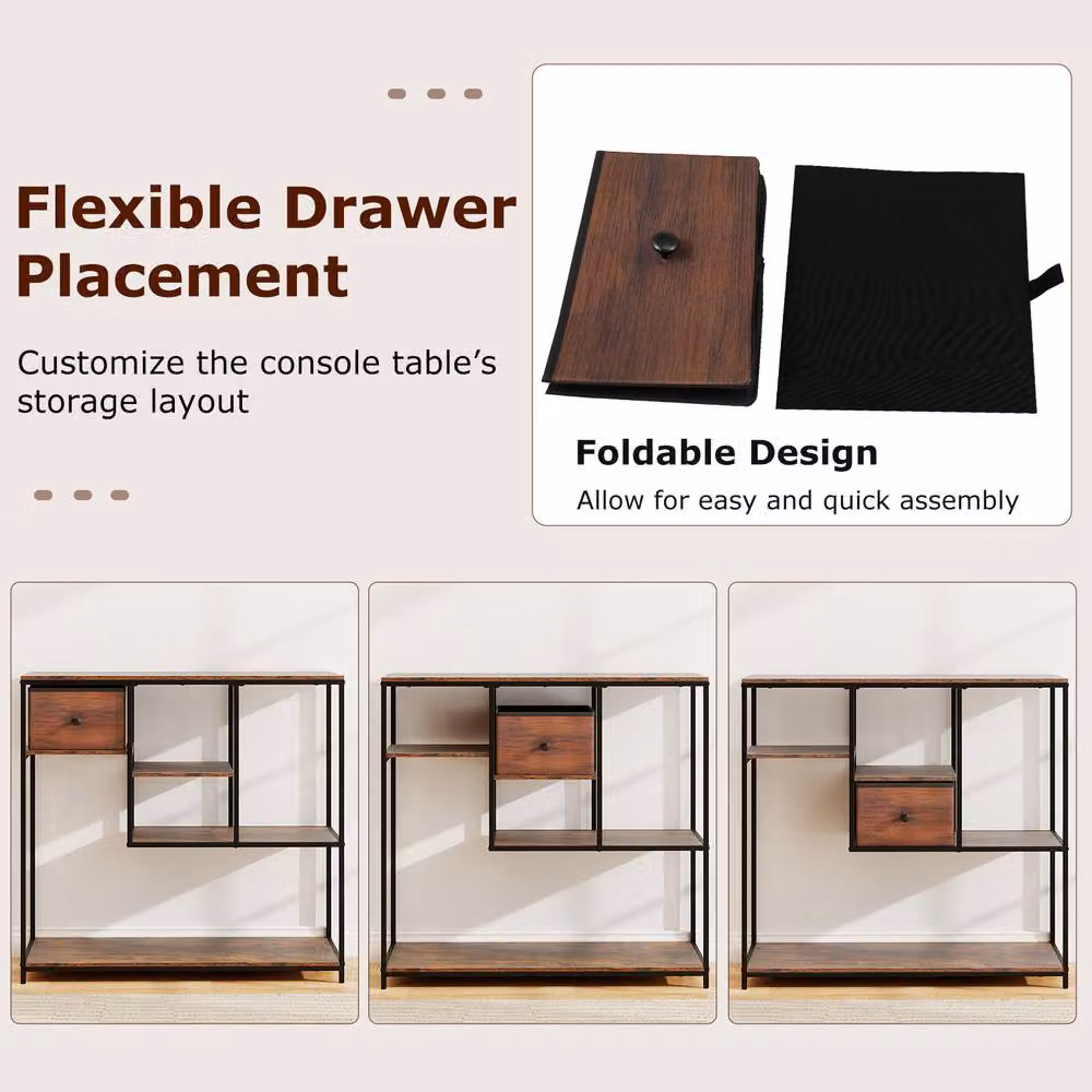 Costway Brown Console Table with Drawer and 4-Tier Display Shelf, Width: 100 cm – 4