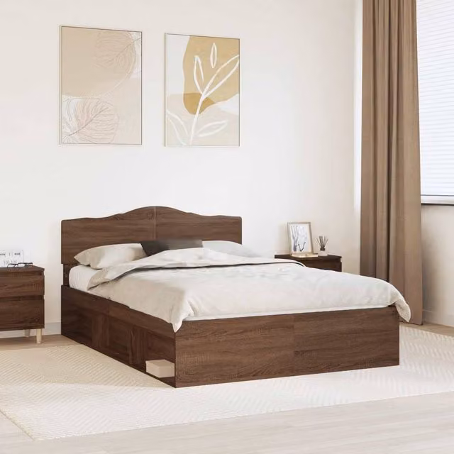 Berkfield Home Bed Frame with Headboard in Brown Oak and Solid Pine Wood, 140 x 200 cm – 1