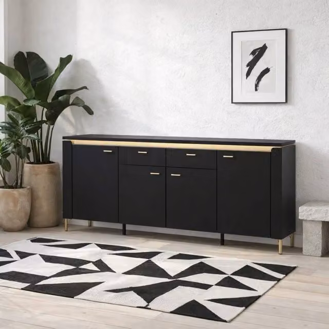 Wyld Haus Marslet Modern Black and Gold Sideboard with 4 Doors, 2 Soft-Close Drawers and Integrated LED Lighting