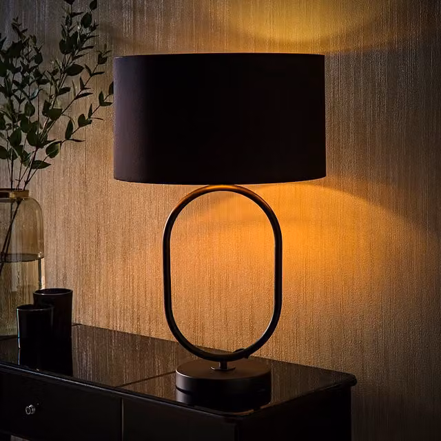 ValueLights Antonia Art Deco Oval Table Lamp with Fabric and Metallic Shade in Black and Gold/Brass including LED Bulb