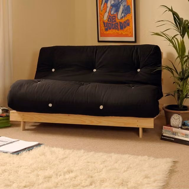 Comfy Living Black Fabric Double Futon Sofa Bed with Solid Wood Frame, 140 x 200 cm
