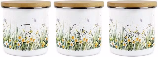 Purely Home Daffodils Floral Tea, Coffee and Sugar Large Kitchen Canister Set of 3, White