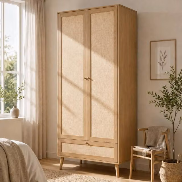 BTM Modern 2-Door Rattan Wardrobe with Drawer and Hanging Rail in Oak Natural Brown and Beige – 1