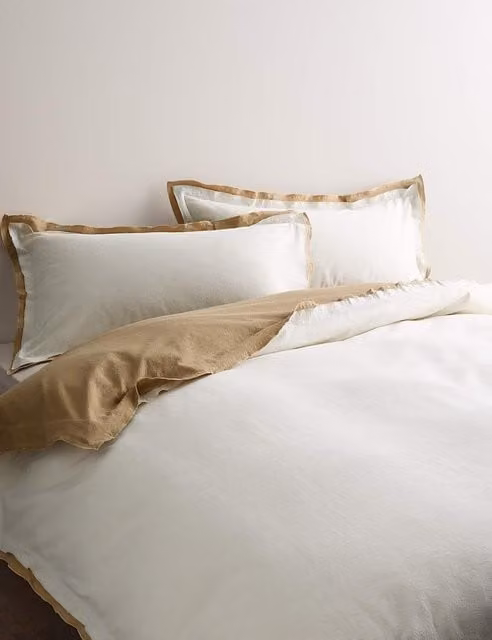 M&S Pure Cotton Crepe Reversible Bedding Set, Beige and Multicolour, W: 140 cm, L: 200 cm