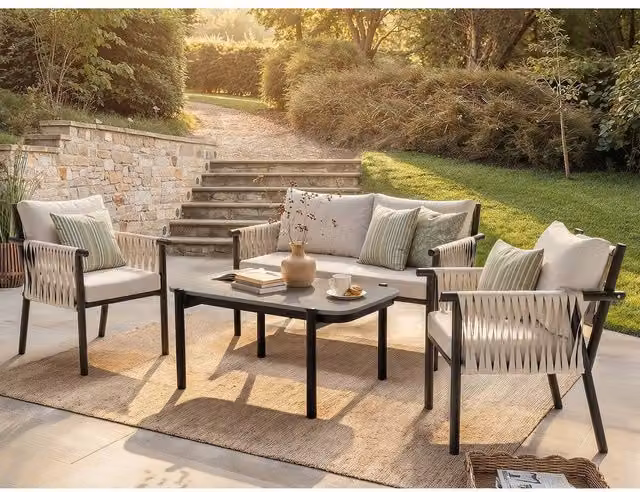 Solace+Co Kalina 4 Piece Rattan Garden Furniture Set with 2 Seater Sofa, 2 Armchairs and Coffee Table in Grey and Brown – 5
