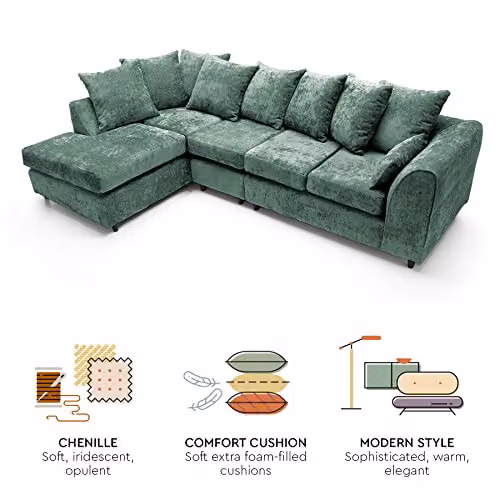 Abakus Direct Harriet Left Facing U-Shaped Corner Sofa in Green Crushed Chenille Velvet with Matching Ottoman and Scatter Cushions – 3