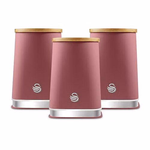 Swan Nordic Set of 3 Kitchen Storage Canisters in Pink Floral with Metal and Wood Accents, 1.3 l – 3