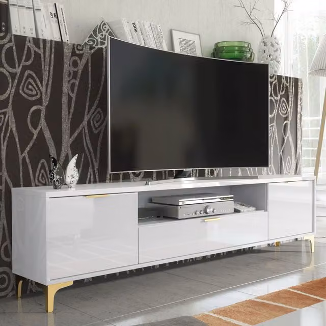Creative Furniture Goldline Gloss TV Unit White and Gold, W: 200 cm, H: 50 cm, D: 35 cm