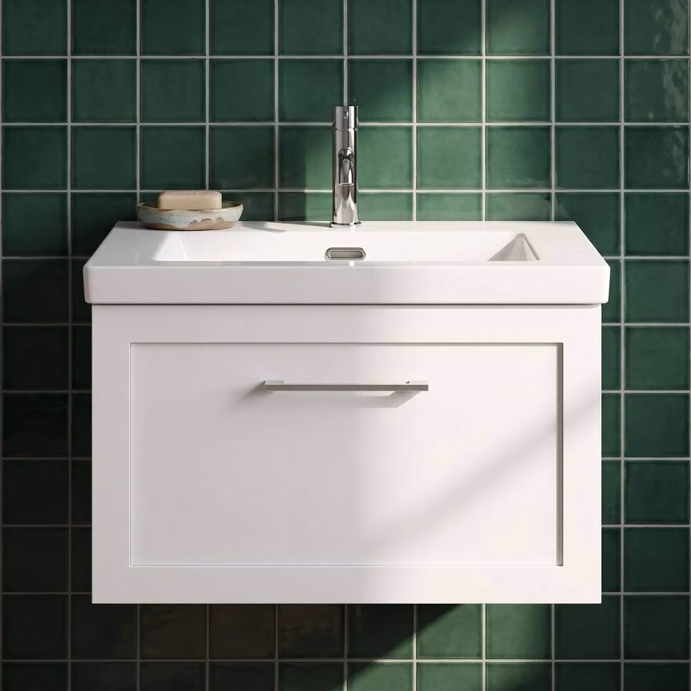 Balterley Stonnall Wall Mounted 1 Drawer Vanity Unit and Fireclay Basin in Matt White, 600mm – 3
